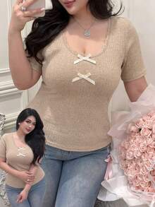Feyla Plus Size Women Contrast Lace Round Neck Short Sleeve Bow Decor Fashion T-Shirt Knit Tops For Women Bow Tops For Women - Apricot - View 4