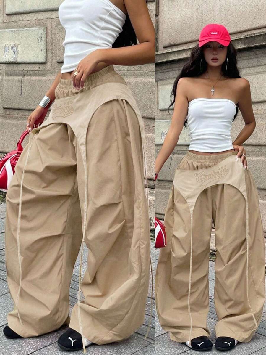 Coolane 女士夏季街头休闲外出服,采用独特的织带细节和编织面料,红色长裤,宽松工装裤,降落伞裤,Y2K风格裤装 - 卡其色 - 查看 1