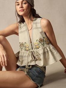 Bohemela Women's Casual Woven Printed V-Neck Tank Top - Apricot - View 3