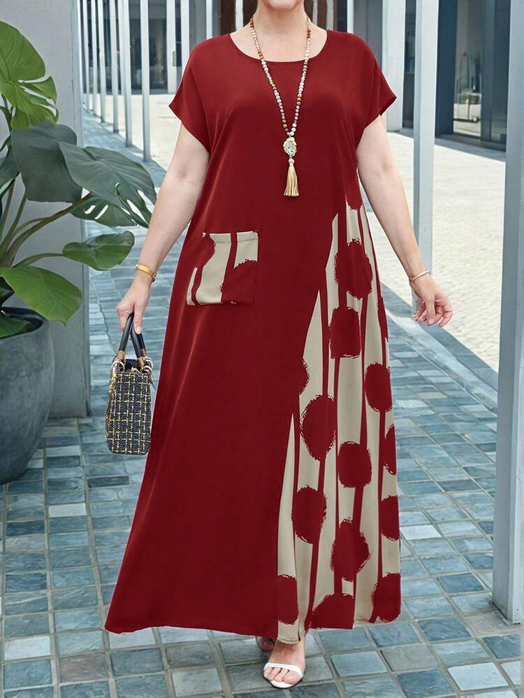 Plus Size Contrast Color Printed Patchwork Long Vacation Casual Dress,Spring Outfits For Women,Tropical Vacation Woman Clothes