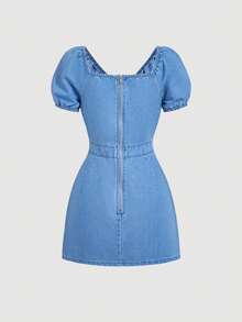 Sweetra Women's Summer Casual Vacation Bubble Sleeve Drawstring Pleated Hollow Waist Denim Dress - Blue - View 2