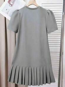 SHEIN Teen Girl Cute Ruffled Puff Sleeve Round Neck Dress With Bow Decor, Suitable For Outings And Gatherings, Spring/Summer - Dark Grey - View 2