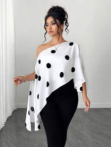 Elenzga 女士时尚优雅蝙蝠袖波点衬衫 - 白色 - 查看 3