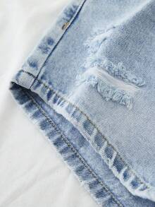 少女款优雅浅色水洗做旧牛仔短裤，毛边裤脚设计，适合春夏假期、节日庆典、海滩度假、音乐节、毕业季等各种场合。 - 淺色水洗藍 - 查看 6