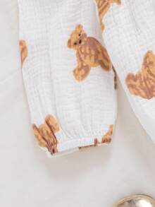 SHEIN White Autumn Cute Baby Shower Matching Family Newborn Fashion Printed Teddy Bear Bubble Long Sleeve Bodysuit With Headscarf And Brown Ribbed Socks - White - View 8