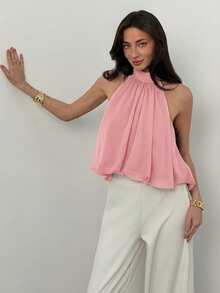 Aloruh Atasan Wanita Kasual Musim Panas Gaya Liburan, Warna Polos, Tanpa Punggung, Model Halter, Atasan Warna Pink, Atasan Musim Panas - Berwarna merah muda - View 3