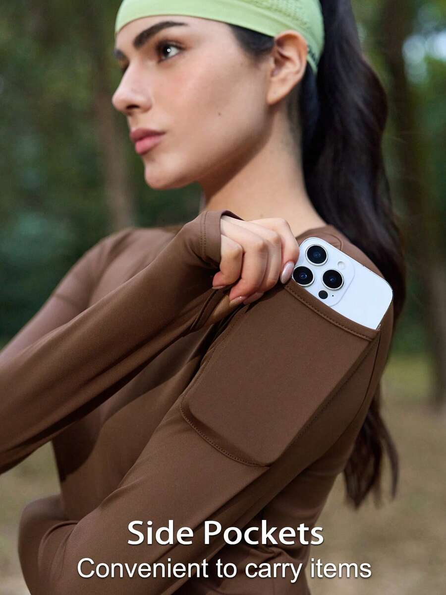 SHEIN In My Nature Women's Outdoor Long Sleeve Thumb Hole Slimming Coffee Brown T-Shirt - Brown - View 1