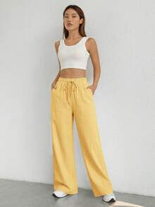 SHEIN EZwear 女士轻薄宽松休闲裤，浅黄色，春夏款 - 鵝黃色 - 查看 4