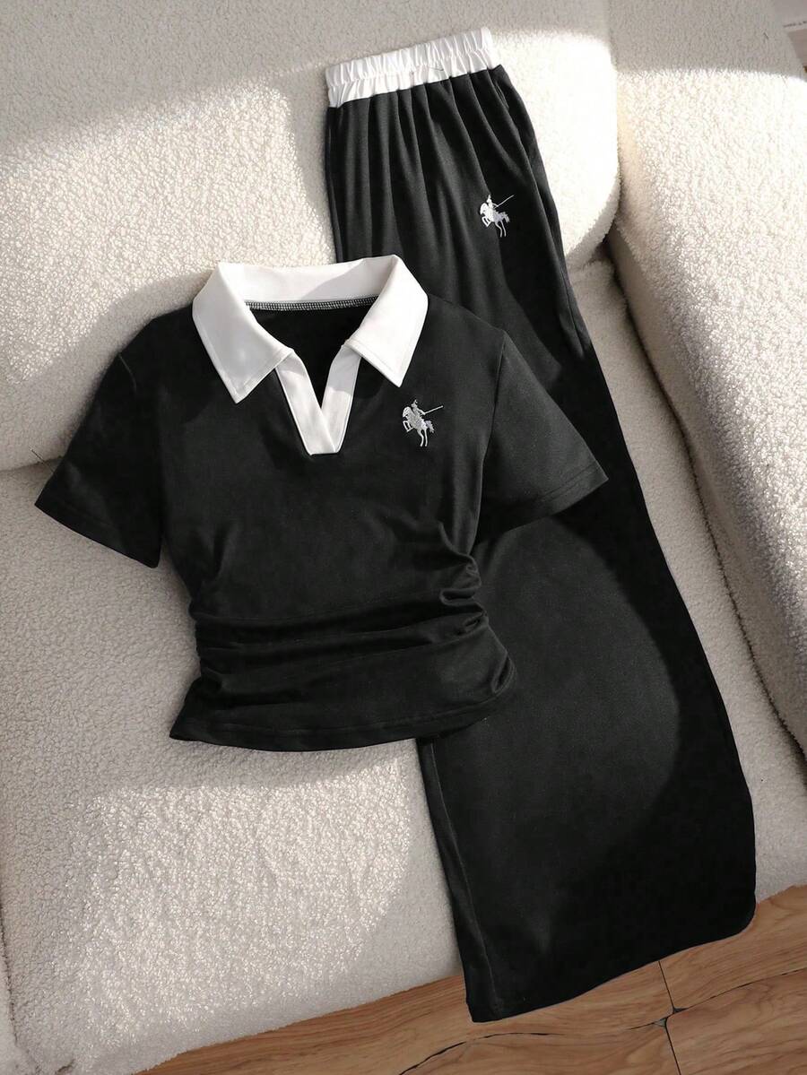 波点、夏季、波西米亚风、床单、度假、柔软、少女撞色短袖半拉链休闲褶皱夏季T恤套装、柔软连衣裙、蕾丝、棉
