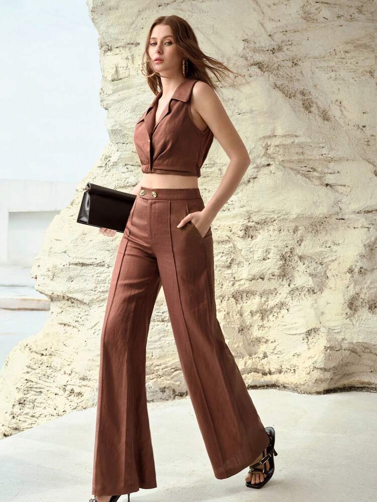 SPRING/SUMMER FASHIONABLE METAL BUCKLE DECOR LINEN SUIT PANTS, VINTAGE STYLE