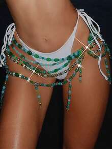 Swim SXY 新款夏秋季珍珠串珠罩衫，性感时尚的欧美设计，适合音乐节和电子音乐节，波西米亚风格女士罩衫 - 綠色 - 查看 3