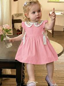LMoss Kids Baby Girl Woven Contrast Color Embroidered Peter Pan Collar Casual Dress - Pink - View 3