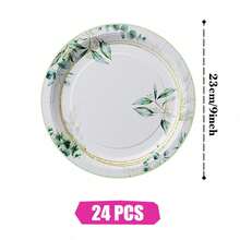 Platos, servilletas y vasos desechables con borde de hojas verdes, set de suministros para fiestas, sirve a 24 personas, vajilla de papel desechable para fiestas, adecuada para cumpleaños, bodas, fiestas temáticas y picnics familiares. - Ver 6