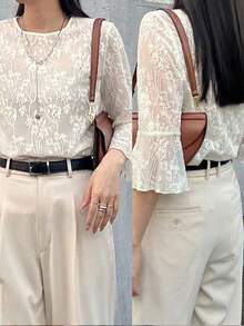 FRIFUL Women's Round Neck Lace Fabric Fitted Flare Sleeve Solid Color Casual T-Shirt Summer - Beige - View 2
