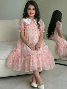 SHEIN Tween Girl Loose Cute Collared Floral Organza Short Sleeve A-Line Dress Tween Girl - Multicolor - View 1