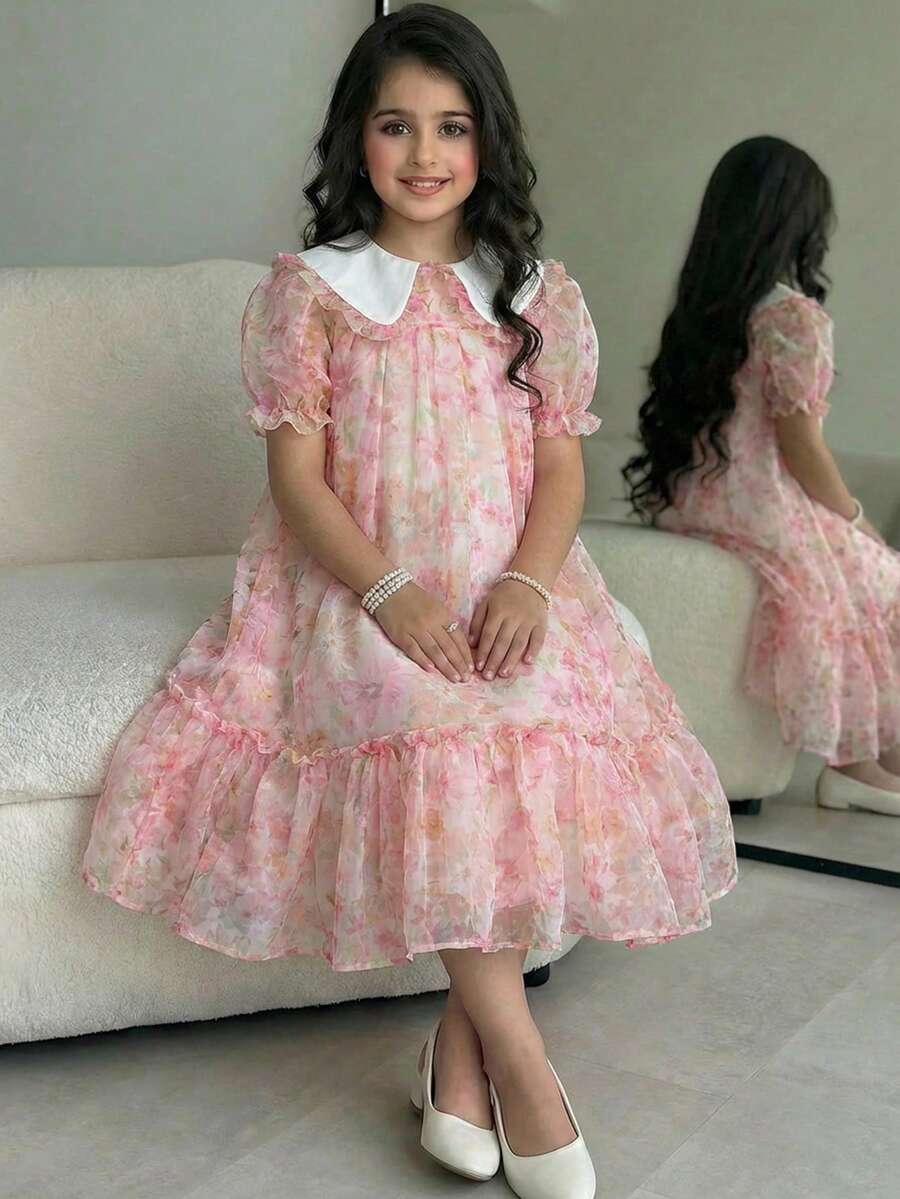 SHEIN Tween Girl Loose Cute Collared Floral Organza Short Sleeve A-Line Dress Tween Girl - Multicolor - View 1