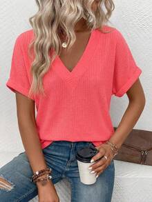 Selamara Áo thun tay ngắn cổ chữ V dệt kiểu waffle, thời trang, đa năng, bán chạy nhất, mới nhất. - Đỏ - Xem 5