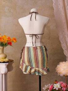 Swim SXY 女士三件套泳装：三角吊带上衣，露背设计，蝴蝶结装饰，侧系带泳裤，裹身裙，高端度假比基尼 - 彩色 - 查看 2