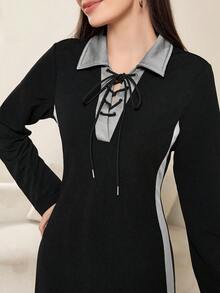 Modelyn 女士撞色翻领系带长袖休闲连衣裙，春秋季女士长款套装 - 灰色 - 查看 7