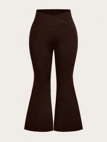 EMERY ROSE Quần legging dài đến mắt cá chân dáng loe, cạp cao, thiết kế đan chéo, dành cho nữ cỡ lớn, màu nâu. - Cà phê nâu - Xem 2