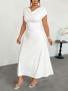 Firerie 女士优雅通勤深V领收腰喇叭下摆长连衣裙，白色褶皱A字连衣裙，女士白色短袖连衣裙，及膝连衣裙 - 白色 - 查看 3