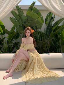 DAZY Women's Strapless Long Sleeve Off-Shoulder Top And Long Skirt Beach Swimsuit Cover-Up Summer - Light Yellow - View 6