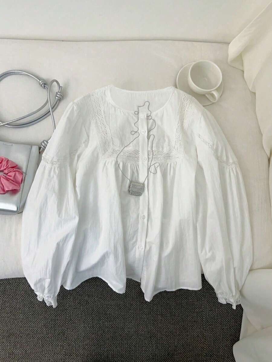 Resyla Women's White Long Sleeve Blouse With Lace Trim, Elegant Casual Holiday Wear Fall Cloth For Women - White - View 1