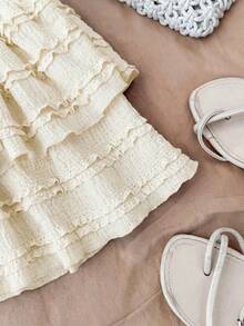 Kids Tween Girls Cream White Summer Holiday Outfits Knit Jacquard Textured Camisole Top,Ruffle Hem A-Line Skirt Shorts 2-Piece Tropical Vacation Set - Apricot - View 8