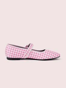 CUCCOO DOLLMOD Ladies Pink And White Plaid Splicing French Retro Square Toe Elegant Word-For-Word Bag Buckle Simple Design Mary Jane Flat Shoes Suitable For All Seasons Holiday Birthday Party Low Vamp Shoes - Pink and white plaid - View 3