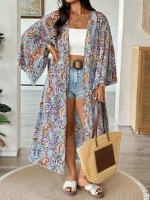 Vionelle Boho Plus Size Long Sleeve Open Front Coat Multicolor Random Print Woven Fabric With Split Sleeves - Multicolor - View 5