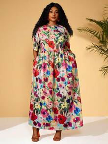 BrightlyHer Plus Size Floral Print Round Neck Short Sleeve Dress, Summer Fashion,Flower/Spring/Vacation - Multicolor - View 2