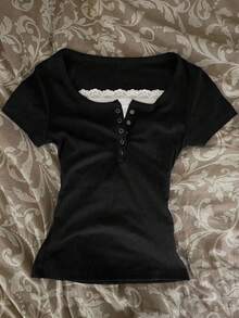 Glimmora 女士休闲撞色蕾丝纽扣短袖T恤，夏季 - 彩色 - 查看 3