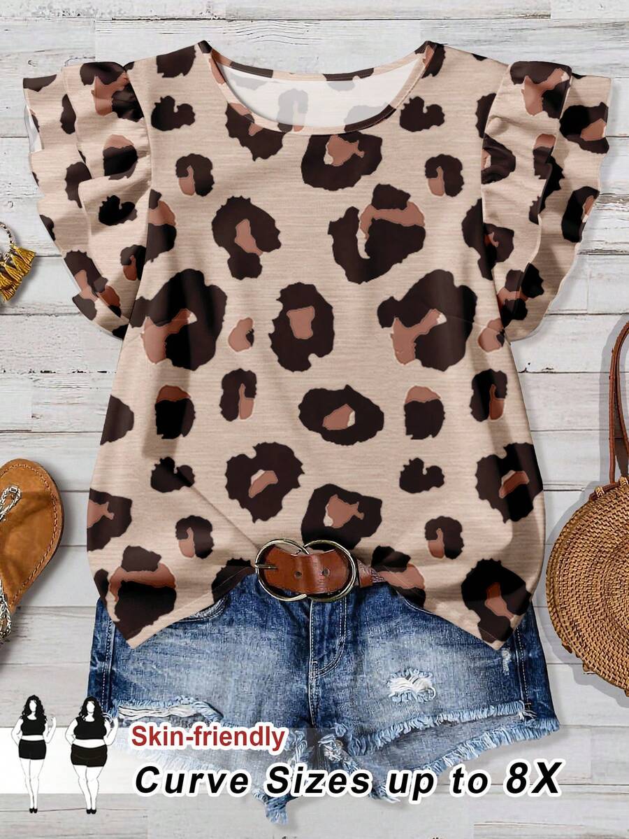 SHEIN CURVE+ 大码休闲时尚豹纹荷叶边圆领短袖衬衫，适合度假、返校、返校节、夜间外出等场合。 - 白色 - 查看 1