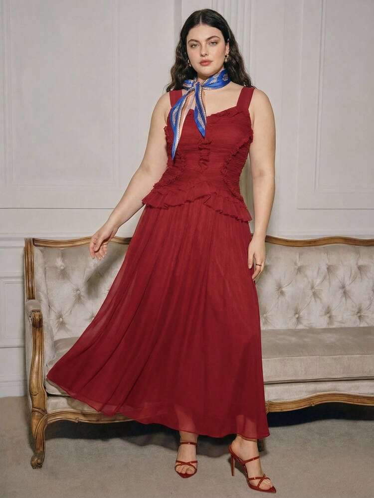 Plus Size Women Elegant Vacation Dress, Summer Sleeveless Pleated Frill Trim Waist Flared Red Dress