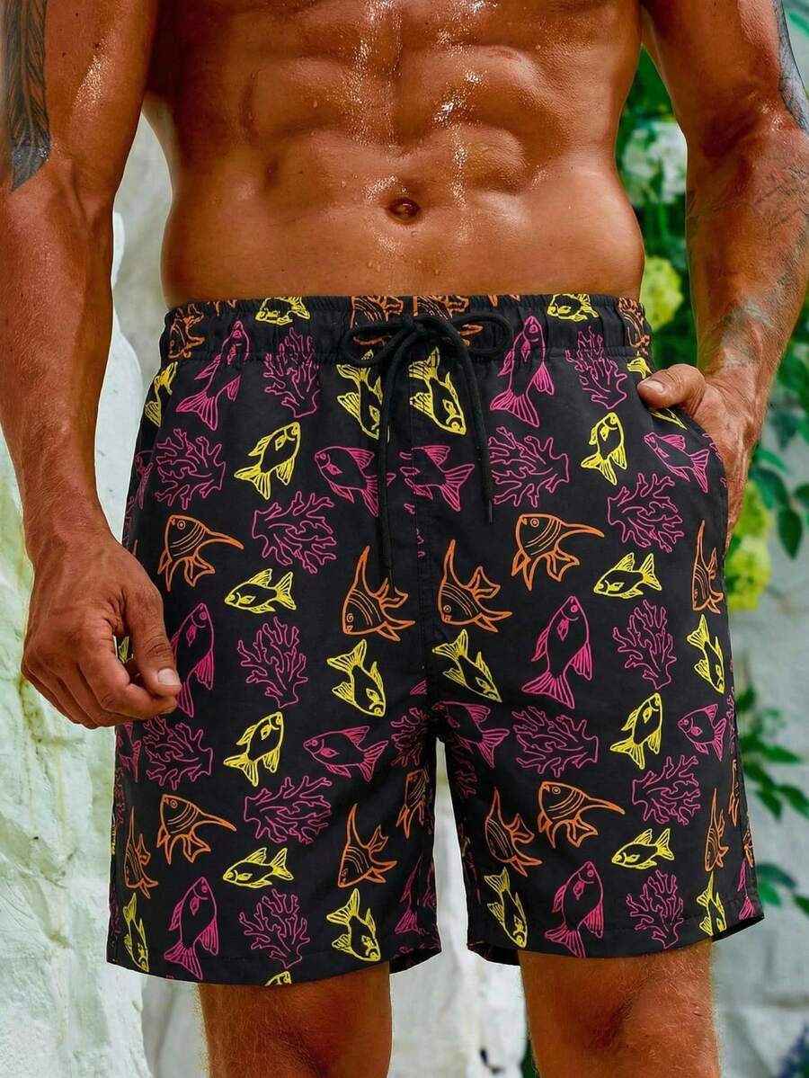Manfinity Swimmode 男士鱼纹抽绳腰带沙滩短裤 - 彩色 - 查看 1