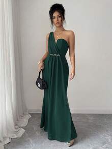 SHEIN Elenzya Đầm nữ thanh lịch, lãng mạn, tinh tế với cổ áo bất đối xứng, thắt eo, đuôi cá, điểm xuyết ngọc trai, thích hợp cho các bữa tiệc và họp mặt. - Màu xanh lá cây đậm - Xem 6