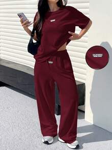 Muchica 玫瑰红纹理休闲宽松T恤裤套装（女款） - 玫瑰紅 - 查看 1