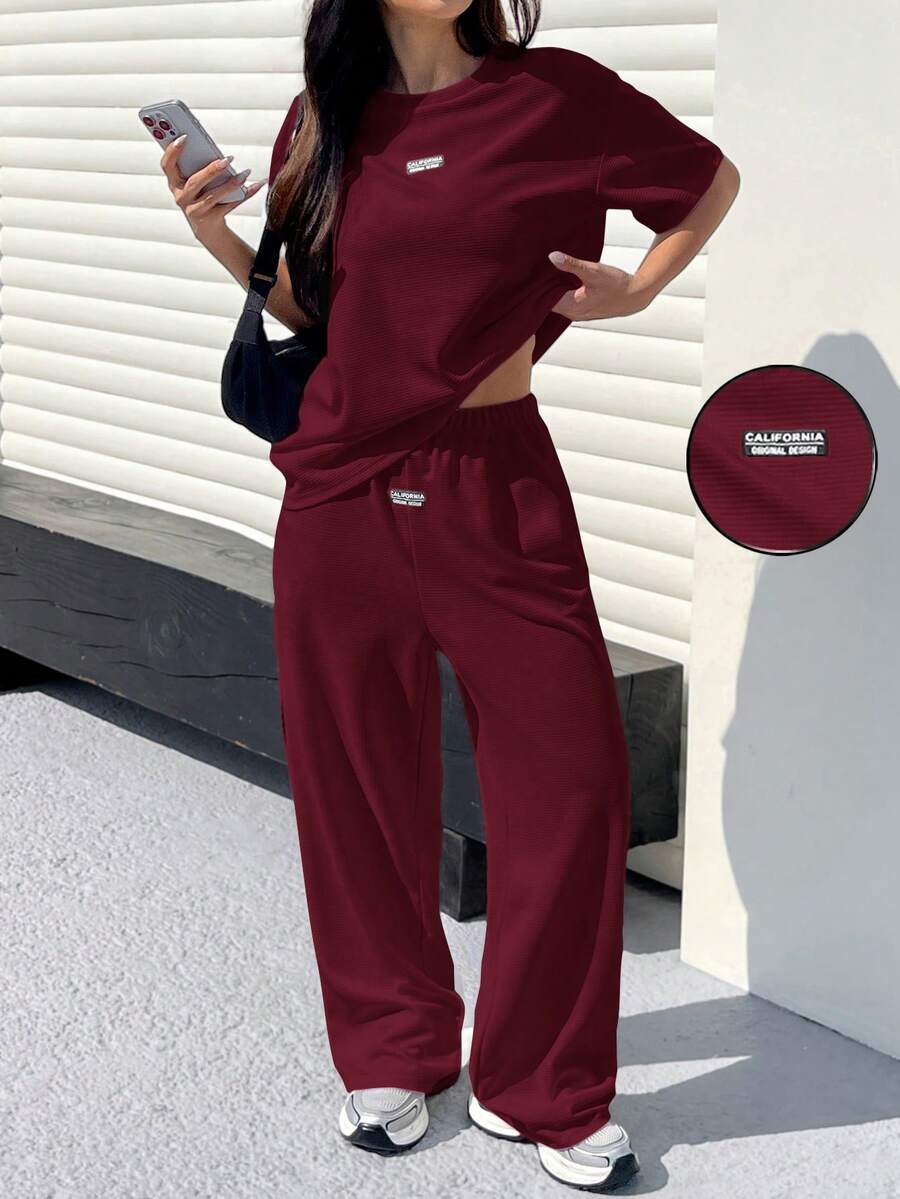 Muchica 玫瑰红纹理休闲宽松T恤裤套装（女款） - 玫瑰紅 - 查看 1