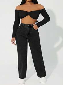 SHEIN ICON Jeans de mezclilla negra sin estiramiento de moda callejera para mujer de talla grande - Negro - Ver 3