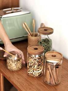 1PC Glass Storage Jar With Wooden Lid, Sealed Transparent Glass Jar, Suitable For Pantry Kitchen Organization, Home Decor Storage Solution, Home Organization, Suitable For Storing Sugar, Salt, Tea, Grains, Coffee Beans - Round Hole Acacia Wood Cover - View 2