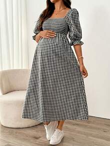 SHEIN Đầm bầu kiểu vintage giản dị, phong cách nghỉ dưỡng, cổ vuông, tay bồng, in họa tiết, thích hợp cho mùa xuân/hè/thu. - Đen và trắng - Xem 4