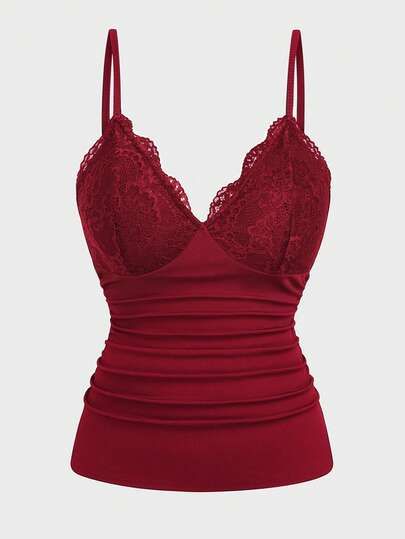 Sweetra Plus Size Women Lace Patchwork Ruffle Elegant Vintage Cute Bodycon Ruffle Camisole