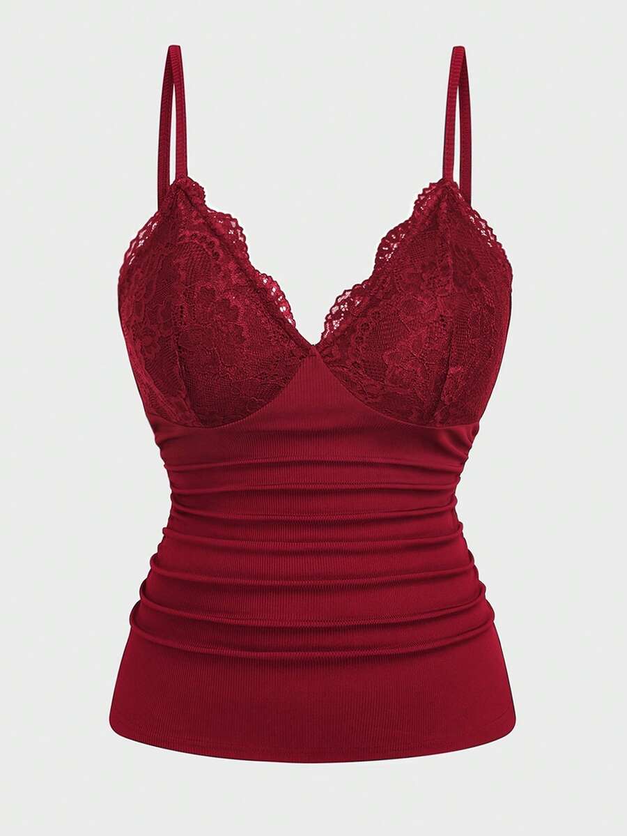 Sweetra Plus Size Women Lace Patchwork Ruffle Elegant Vintage Cute Bodycon Ruffle Camisole - Burgundy - View 1