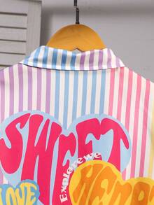 SHEIN 少女休闲条纹衬衫长裤T恤套装，适合度假、外出、上学等场合，时尚百搭。 - 彩色 - 查看 6