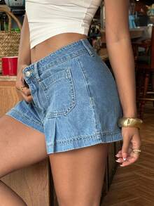 Sunnyshic Women's Pleated Pocket Button Casual Versatile Daily Wear Denim Shorts - Blue - View 5