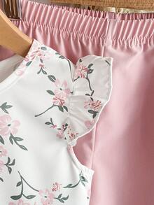 Elladie kids 2件組少女韓系夏季家庭套裝，粉色花卉印花荷葉袖鈕扣上衣與素色休閒長褲，優雅簡約風 - 粉色 - 查看 4