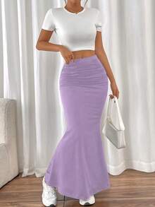 Almamuse Petite Jupe noire élastique plissée sur les côtés avec ourlet fishtail, polyvalente et sexy. Pour tenue maxi femme en automne/hiver - Prune - Voir 4
