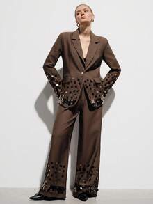 Aveloria Modichic Mocha Brown Suit Set For Women,Brown Polka Dot,Summer,Elegant,Party Night,Wide-Shoulder Blazer Jacket & Straight-Leg Pants,Handcrafted Metal Sequin - Brown - View 1