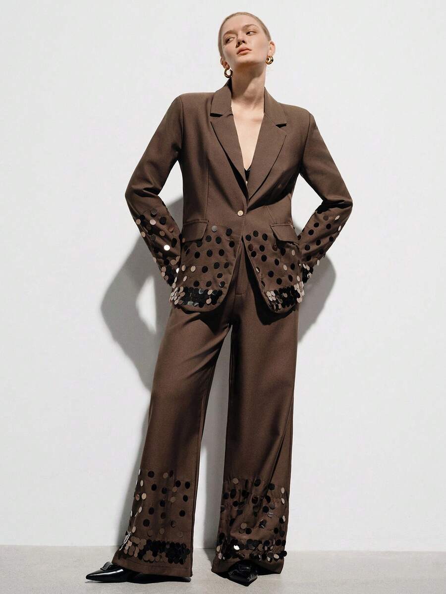 Aveloria Modichic Mocha Brown Suit Set For Women,Brown Polka Dot,Summer,Elegant,Party Night,Wide-Shoulder Blazer Jacket & Straight-Leg Pants,Handcrafted Metal Sequin - Brown - View 1