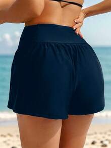 Swim Lushoire 纯色斜插口袋松紧腰休闲短裤，泳装沙滩裤 - 藍色 - 查看 2